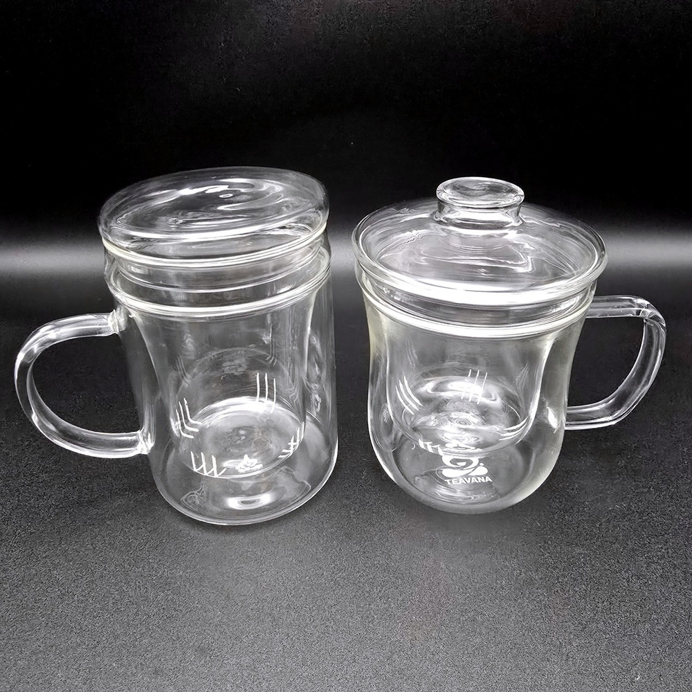Teavana Glass Tea Mug Set 2 Piece Infuser Mugs with Lids Clear Brewing Cups